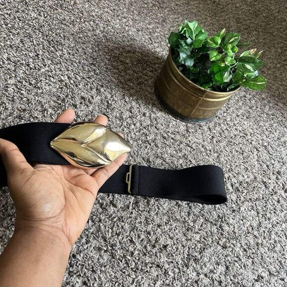 Vtg Gold Leaf Metal Buckle Stretch Waist Belt Black Motion East OS - Picture 6 of 6